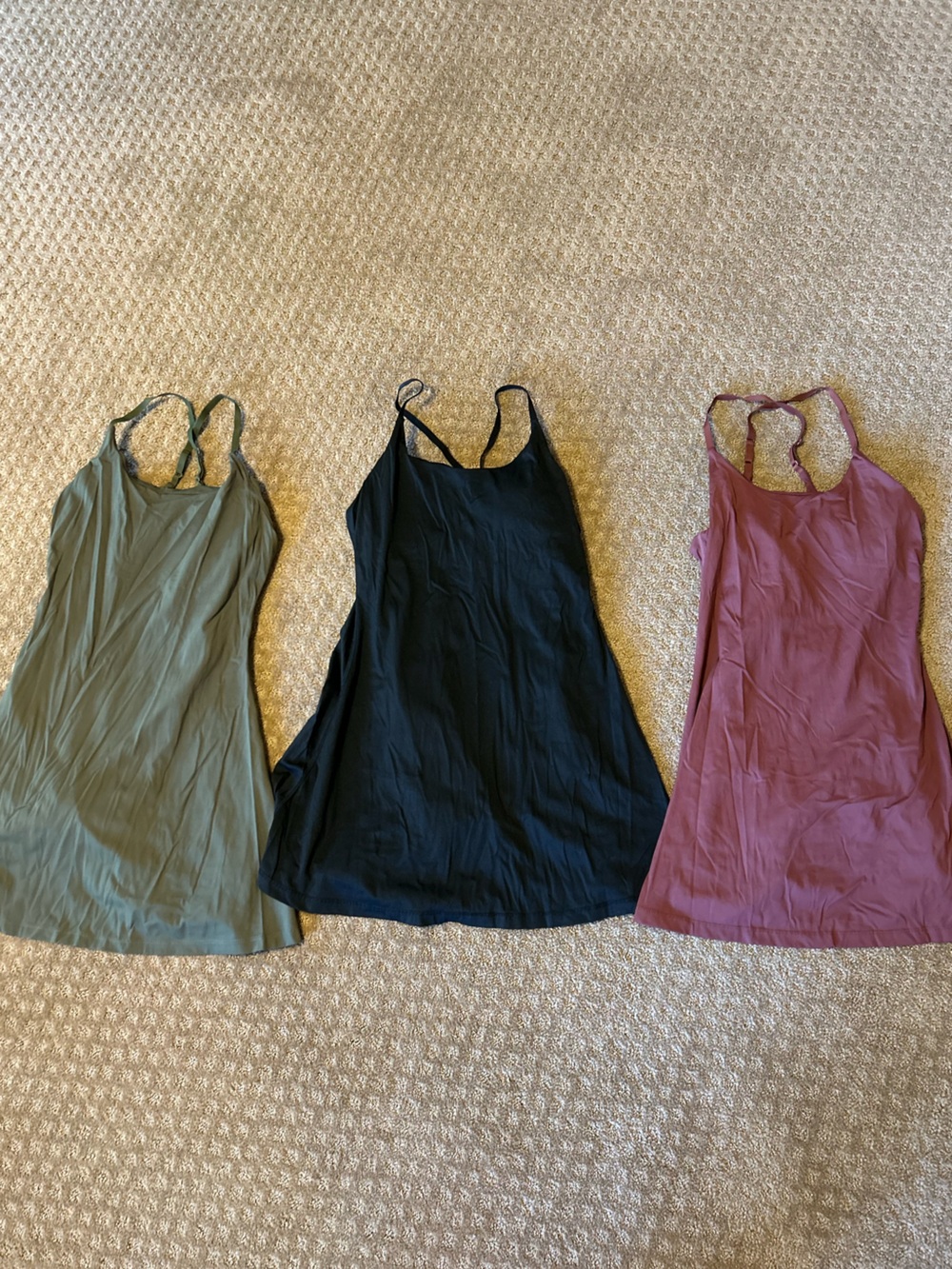 Three Strappy active wear Dresses - Olive, Black, Mauve